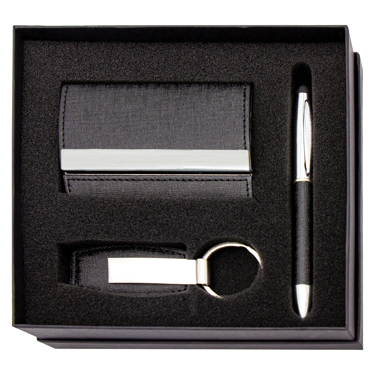 Premium Black Leather Pen, Keychain and Business Card Holder Gift Set